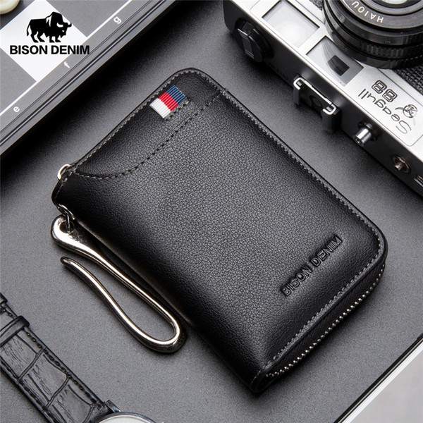 BISON DENIM Genuine Leather Key Wallet Male Card Keychain Cover Zipper Card Holder Wallet Key Organizer Large Capacity N9462 V191206