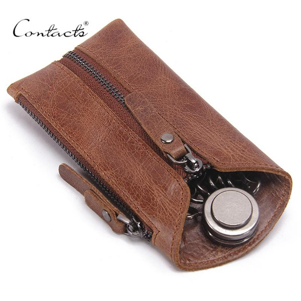 Wholesale- CONTACT'S Vintage Genuine Leather Key Wallet Women Keychain Covers Zipper Key Case Bag Men Key Holder Housekeeper Keys Organizer