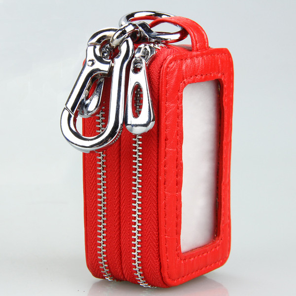 Genuine Leather Stone Pattern Card Holder Double Zipper Key Chain Short Purse Wallets Coin Bags W068