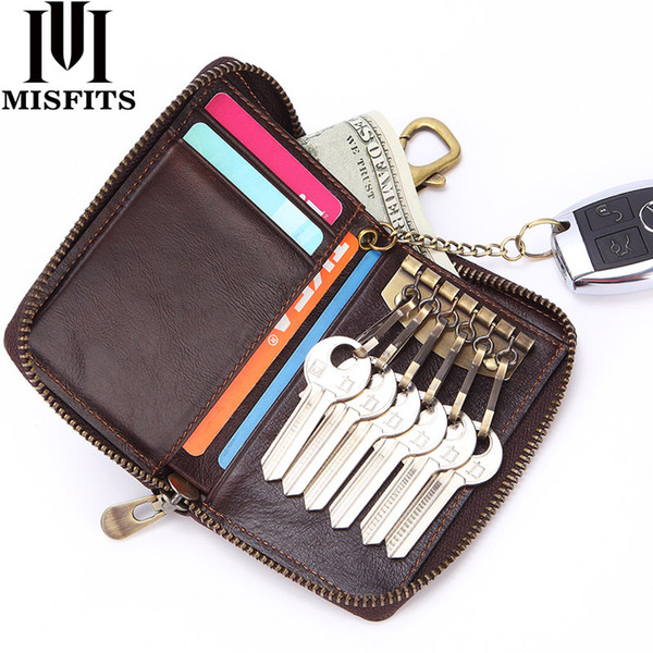 Multi-function key bag leather mini wallet 5 card clutch bag top layer oil wax leather zipper bag for gift