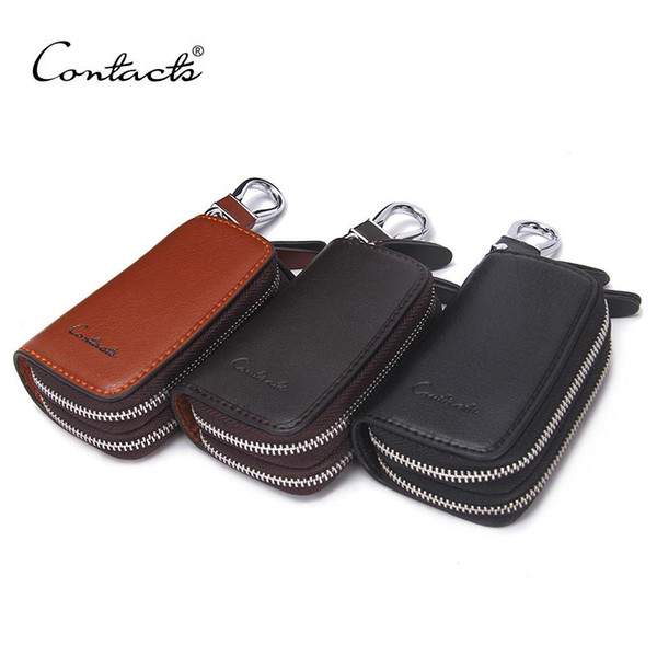 CONTACT'S Classic New Double Zip Men's Genuine Cow Leather Car Key Holder Multifunction Housekeeper High Class Motor Key Case