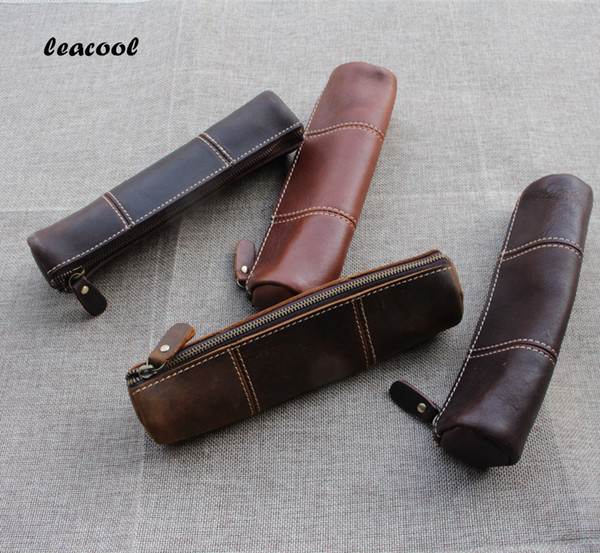 Leacool Vintage Crazy Horse Leather Handmade Leather Men Women Children Long Zipper Pen Pencil Bag Bags Holder Holders Tool Case