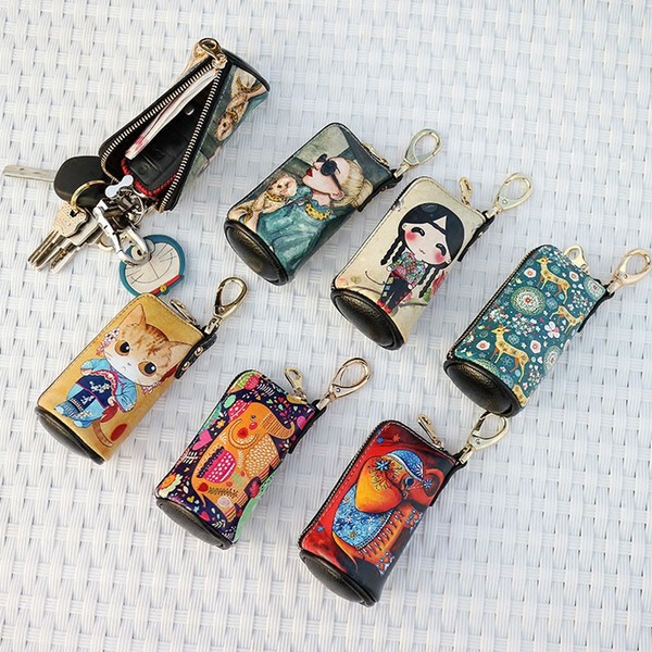 Women's Car Key Bag Multi-function Cute Zipper Painted Cartoon Mini Cylinder Key chain Small purse