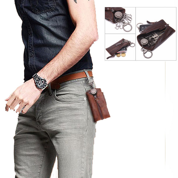 Small Keys Bag Retro Fashion Casual Men's Leather Waist Hanging multi-functional Car Keys Package Zipper Bag