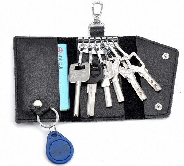 Luxury leather key card wallets bags men women portable Stainless Steel key chain Keys hook bag car key holder key ring change pouch