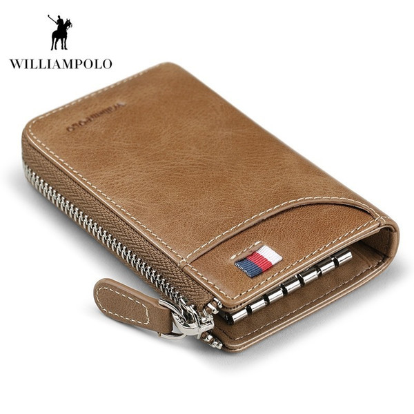 WILLIAMPOLO Vintage Zipper Key Holder Leather Men Car key Organizer With keychain porte Fashion Leather Bag Case POLO309