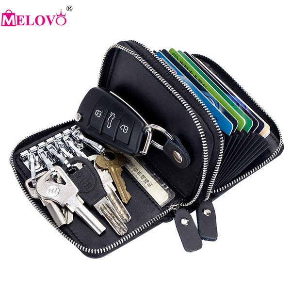 MELOVO Double Zipper Vintage Men's or Women's Genuine Leather Card Key Holders Keys Hanging Promotion Wallets Gifts 36639