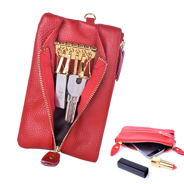 Genuine Leather Women Housekeeper Key Wallet Key Bag Zipper Keychain Organizer Bag Pouch Ring Wrap Man With Coin Purse