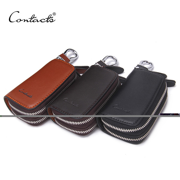 CONTACT'S Classic New Double Zip Men's Genuine Cow Leather Car Key Holder Multifunction Housekeeper High Class Motor Key Case