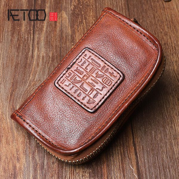 AETOO Handmade leather key case Original design multi-function top layer leather car key bag Large-capacity change zipper bag