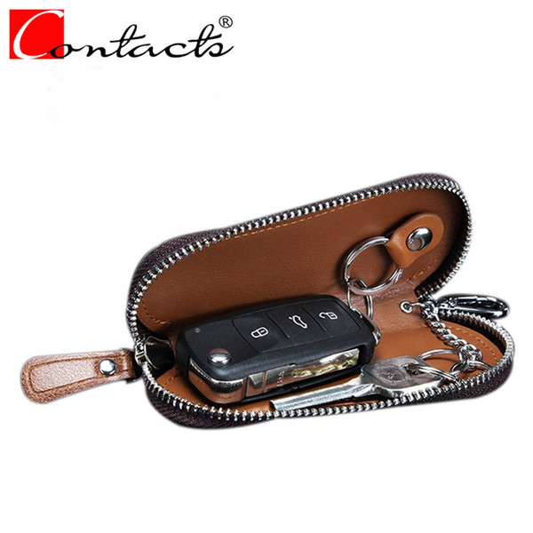 CONTACT'S Genuine Leather Men Key Wallets Car Key Wallets Fashion Women Housekeeper Holders Carteira chain Zipper Bags