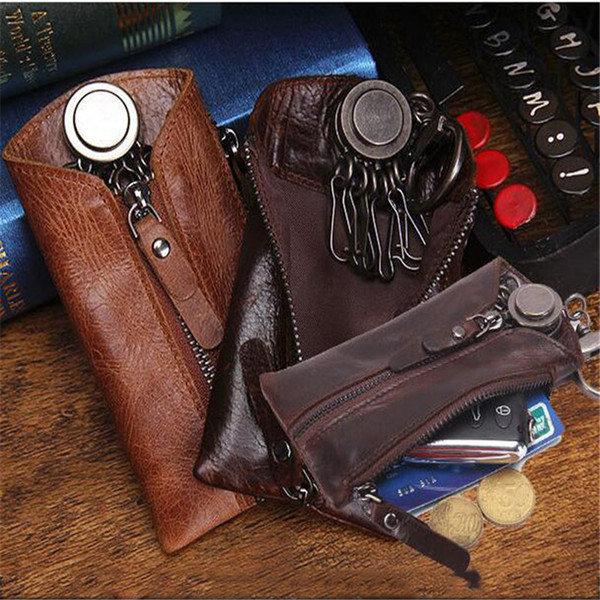 3 Color Women Keychain Covers Zipper Key Case Vintage Genuine Leather Key Wallet Bag Men Holder Housekeeper Keys Organizer