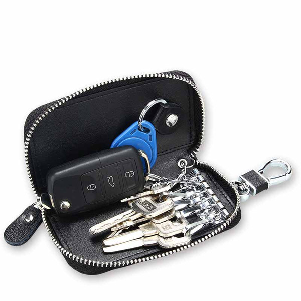 Car Key Chain Bag Key Chains Genuine Leather Smart KeyChain Holder Case Cover Pouch Remote Fob Bag Keyring Wallet Zipper Case Black