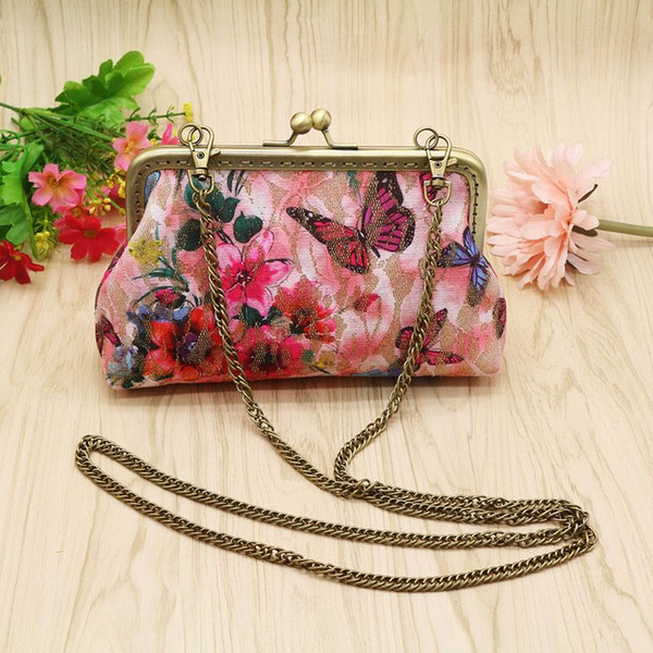 Highgrade lady Hand bag Cloth art Hot stamping butterfly Zero wallet One shoulder aslant chain packet