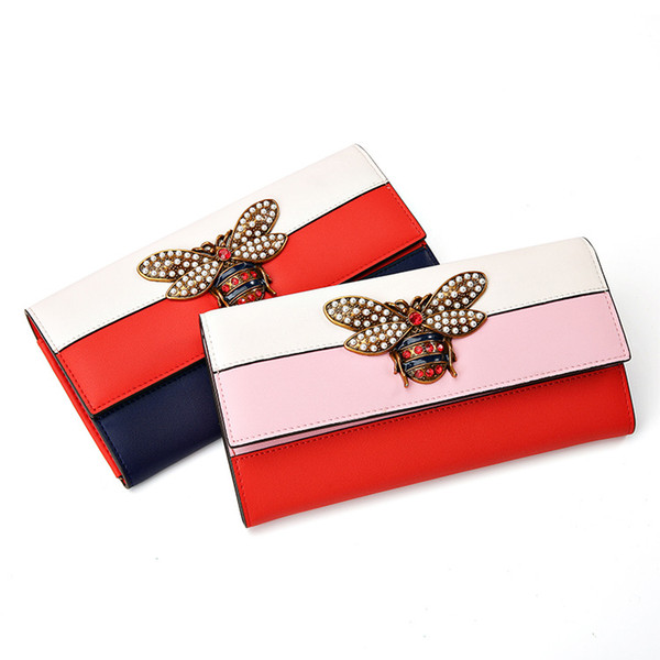 2019 Women Designer Genuine Leather Wallet Famous Brands Bee Purse Ladies Long Leather Wallet Luxury Female Tri-color Bag