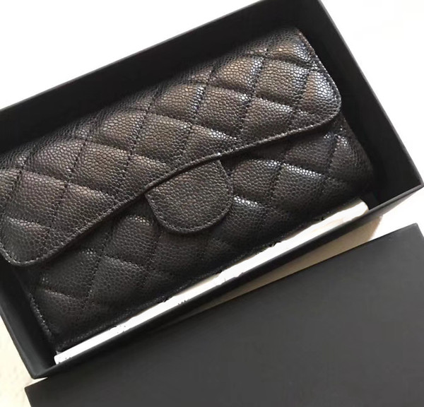 Women brand new wallets Famous designer Genuine Leather lambskin caviar quilted flap purse long wallet card holder cluth all match with box