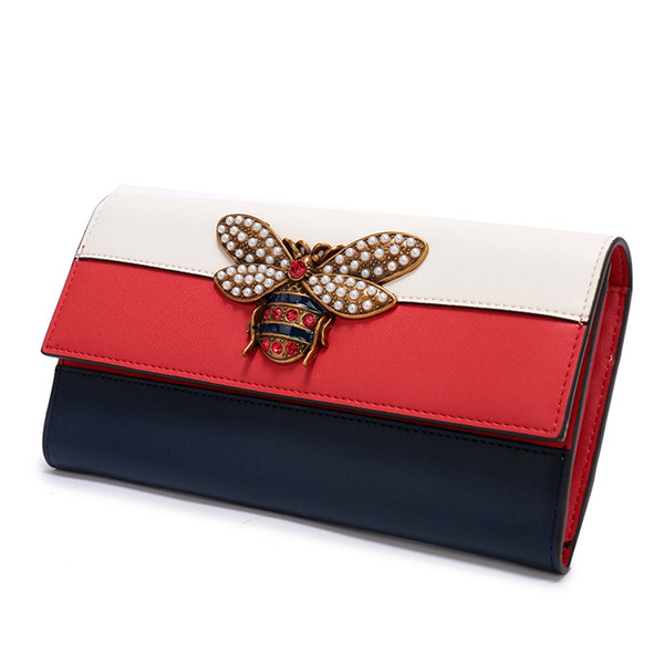 2019 Women Designer Genuine Leather Wallet Famous Brands Bee Purse Ladies Long Leather Wallet Luxury Female Tri-color Bag