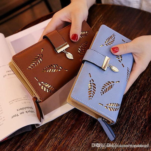 2018 new women's wallet sweet lady PU leather cross section zipper female long section hollow leaf purse