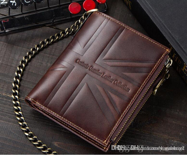 Embossed vintage crazy horse leather double zip coin pocket RFID short leather men's wallet