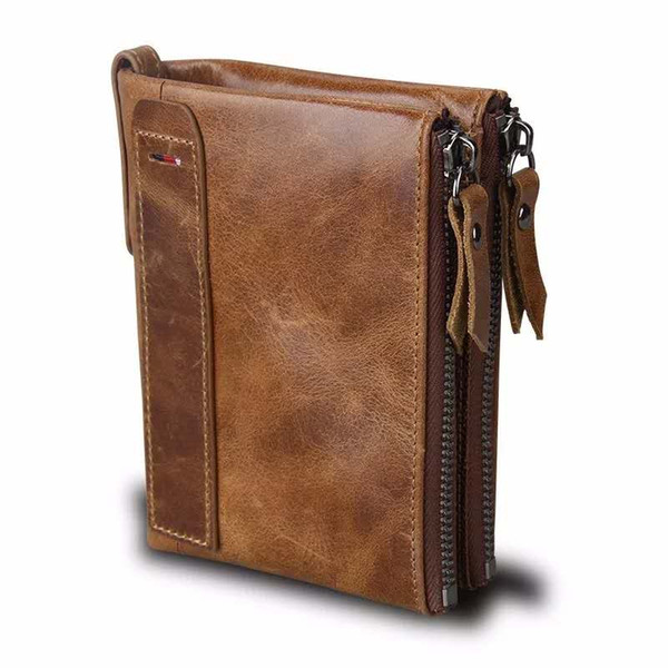 Fashion Cowhide Men's Wallet Leather Short Anti-RFID Stealing Lady's Wallet Double Zipper Wallet Foreign Trade Explosion