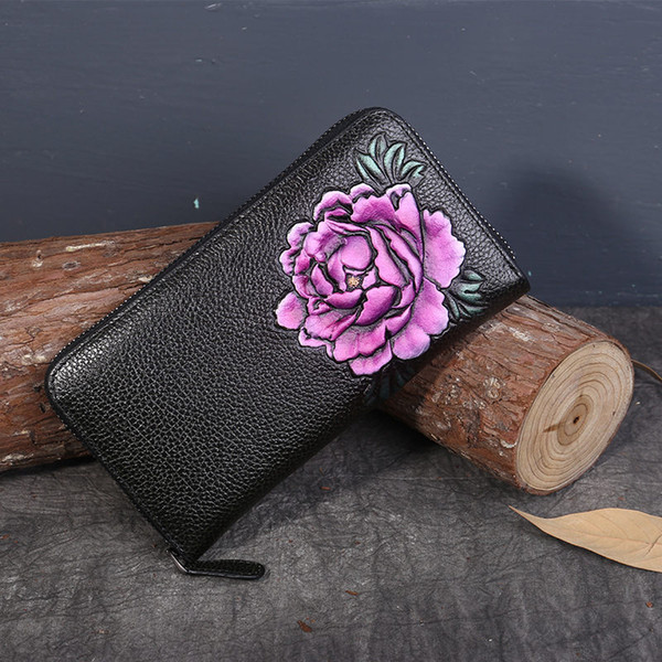 Chinese Style Peony Long Lady Purses Women Wallets Female New Luxury Phone Tassel Coin Pocket Designer Full-Grain Leather Card Holder