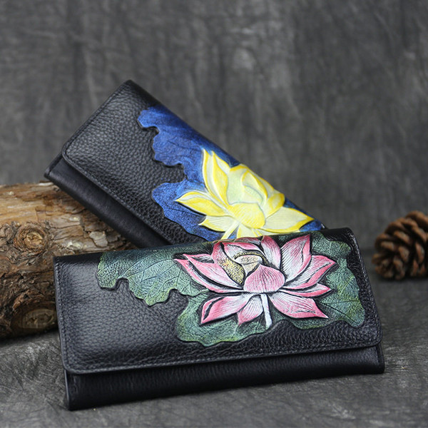 Chinese Style Lotus Long Women Wallets Lady Purses Female New Luxury Phone Tassel Coin Pocket Designer Full-Grain Leather Card Holder