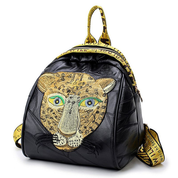 New style student fashion embroidery PU leather backpack girl animal the leopard witch Cartoon creative personality bag