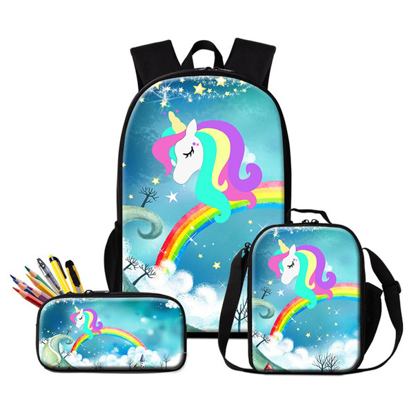 3 PCS Set School Backpack Pencil Bag Lunch Bags For School Cute Unicorn Printing Schoolbag Pen Bags For Student Children's Bagpack Lunch Box