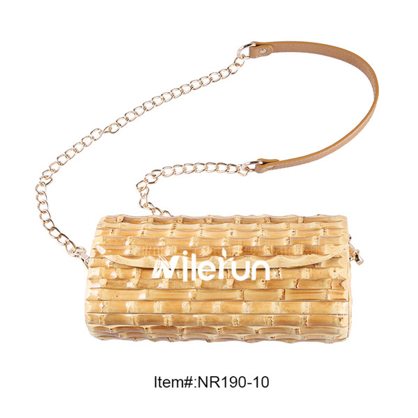 Luxury adjustable metal chain faux leather strap bamboo wood rattan straw shoulder bag cross body bag crocheted handbag fashion women's bag