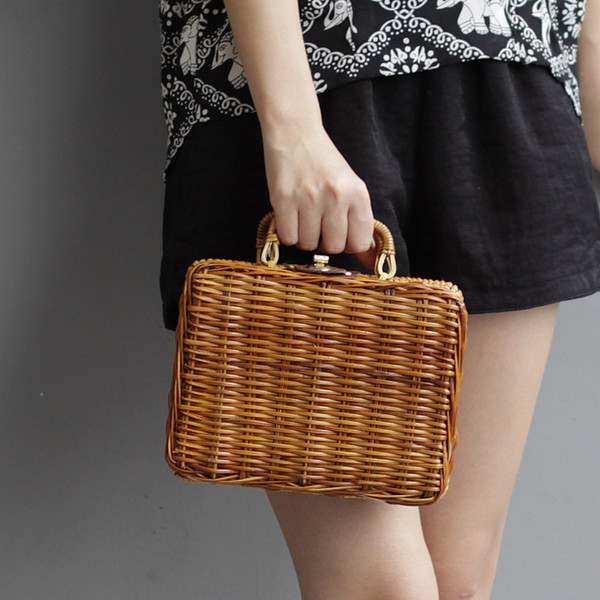 Summer Beach Bamboo Bag Straw Women Handbag Handmade Woven Bag Luxury Designer Tote Travel Clutch Lunch Bags