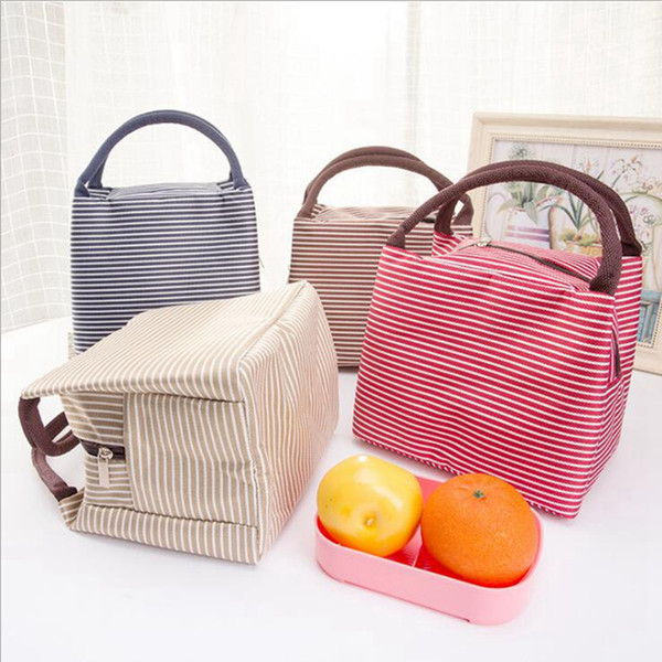 Women Portable Lunch Bag Canvas Stripe Insulated Cooler Bags Thermal Food Picnic Lunch Bags Kids Lunch Box Bag Tote
