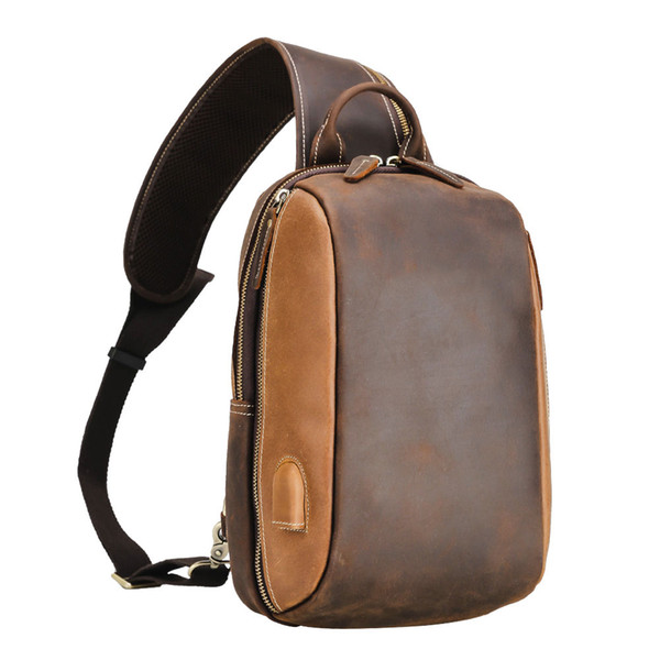 Genuine Leather Fashion Men Shoulder Chest Bag USB Charging Chest Bags for Man with Two Way Metal Zipper Brown Color 0.65kg LX5117BS