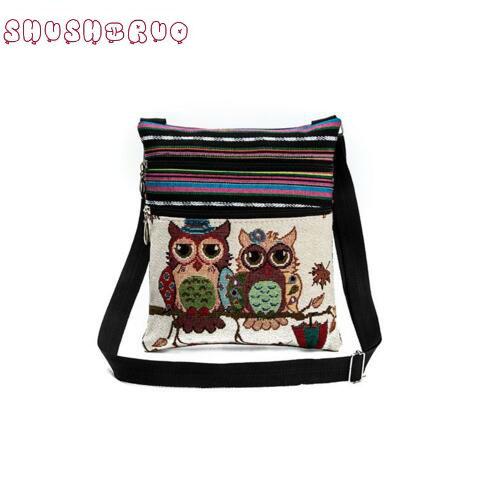 SHUSHIRUO Hot Sale Cartoon Owl Print Messenger Bags Canvas Female Shoulder Bags Double Zipper Women Mini Flap Shoulder Handbags