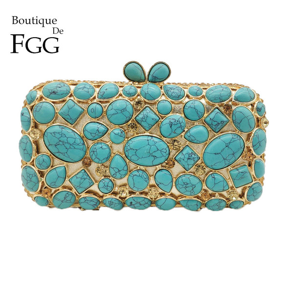 Boutique De FGG Women Clutch Purse Evening Bag Clutches Luxury Blue Turquoise Agate Stone Crystal Minaudiere Bag Wedding Handbag CJ191209