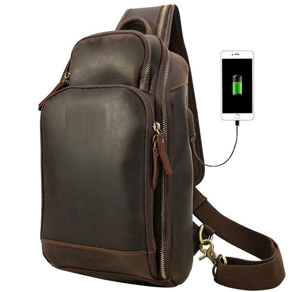 100% Genuine Leather Man Bags Retro Sport Day Pack Bag Cow Leather Single Shoulder Chest Bag With USB Charge Port LX5113FS