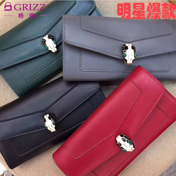 2019 Korean Fashion New Ladys Wallet with Large Capacity Zipper and Double Fold Snake Head Long True Leather Hand with Change Wallet