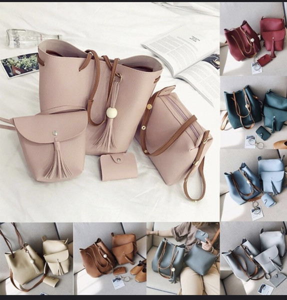 PU Crossbody bags 4pcs/settassel purse with coin purse wallet purse solid color bag 9 colors high quality tote