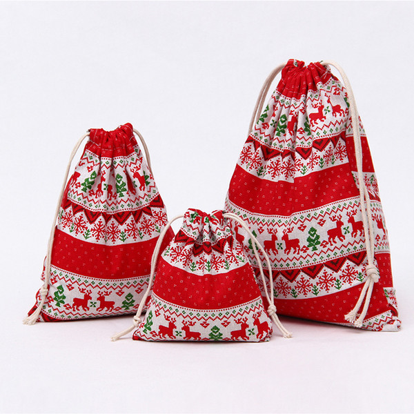 Christmas Gifts Sacks Canvas Drawstring Bags Geometric Elk Xmas Tree Cactus Printing Jewelry Pouches Storage Bag Wholesale