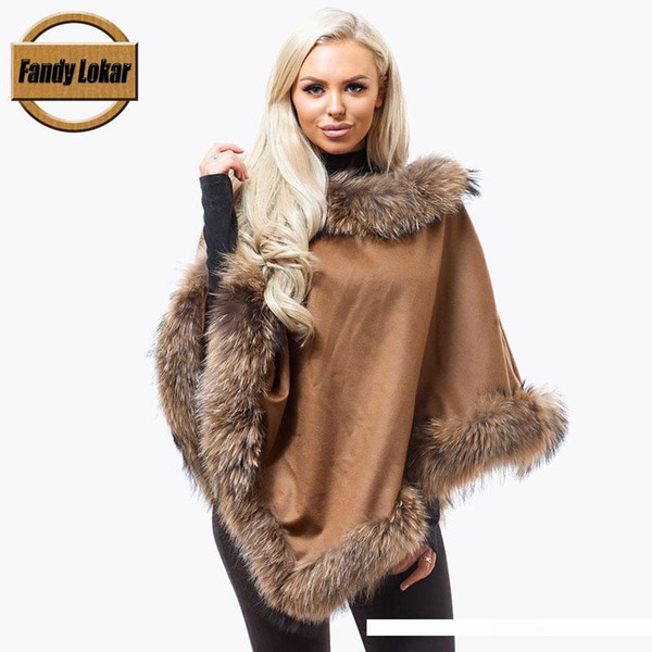 Fandy Lokar Natural Raccoon Fur Collar Coat Women Cashmere Poncho Real Raccoon Fur Scarfs Female Cashmere Ponchos Capes Shawl