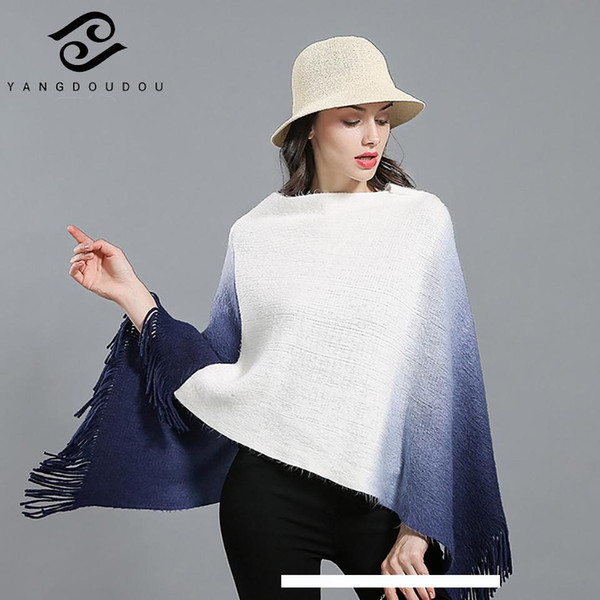 Yangdoudou Fringed Cloak Women Batwing Sleeve Europe America New Winter Knitted Poncho Sweater Coat Shawl