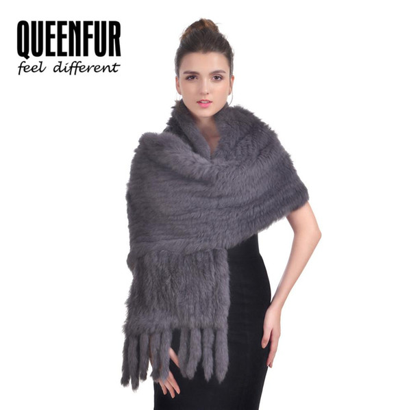 QUEENFUR Women Real Fur Scarf Natural Knitted Fur Poncho With Tassel Genuine Luxury Shawl 170cm Length Scarf