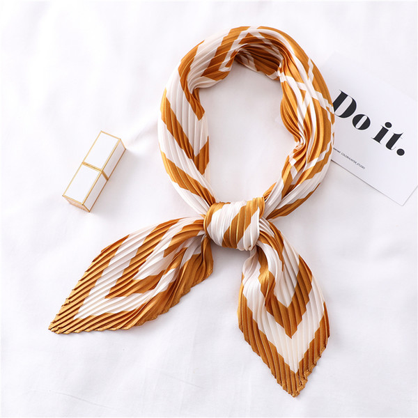 Designer Pleated Square Scarf Silk Hair Band Women Crinkle Scarfs for Ladies Fashion Print Neck Scarves