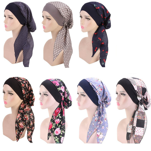 Women Turban Hat 7 Colors Muslim Hijab Flower Printed Turban Cap Cover Head Scarf Wrap Headwear Strech Bandana LJJO7656
