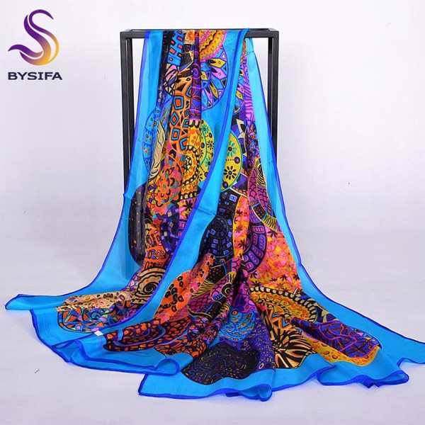 Brand Blue Ladies Long Silk Scarf Shawl 2017 Summer Fashion Beach Shawl Cover Ups Women Pure Silk Scarves Wraps Yellow Orange