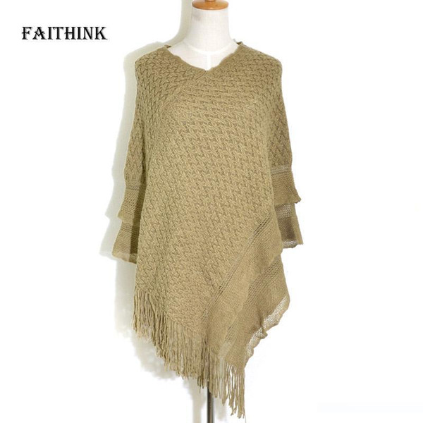 [FAITHINK] Women Winter Knitted Pullover Loose Tassel Sweater Female Warm Blanket Cardigan Jumper Ponchos and Shawls Scarves