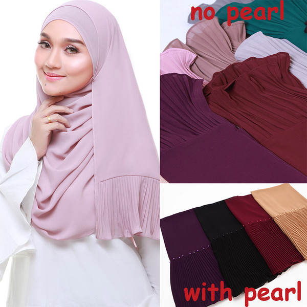 New long scarf Patchwork Popular bubble chiffon Scarf Wrinkle hijab pearl Pleat stitching Muffler muslim scarves