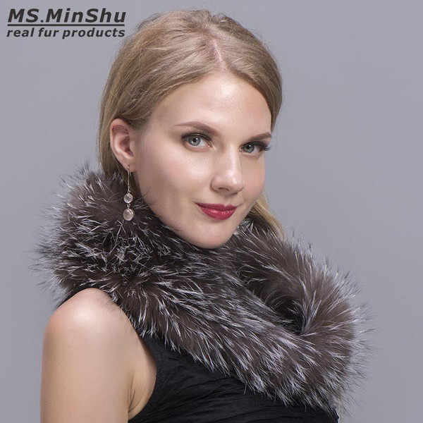 MS.MinShu Natural Fox Fur Neck Ring Fashion Fox Fur Scarf Lady's Neck Warmer Genuine Scarf Collar Knit Fluffy Collar