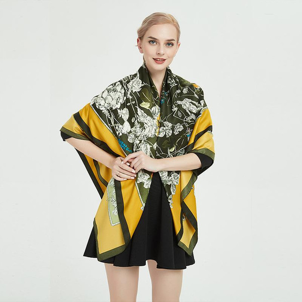 Designer Scarf Women Luxury Satin Silk Square Sunscreen 130 cm Flower And Bird Jungle Chiffon Hijab Scarf For Girls