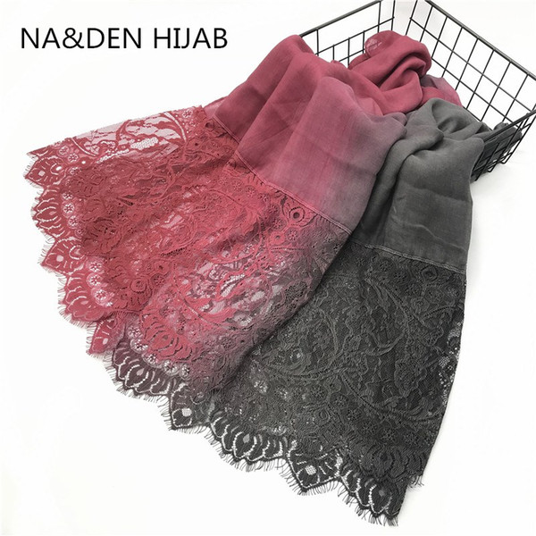 2019 fashion luxury viscose two-tone oversize lace women scarves Muslim hijab shawl foulard solid elegant lady soft 10pcs/lot