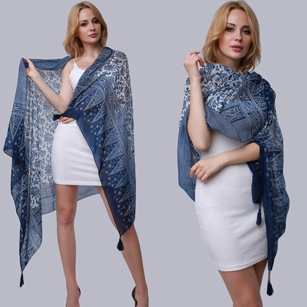 Summer Scarf Women Long Shawl Printed Sexy Beach Cover Up Female Navy Blue Scarves Large Size 175*100cm 981167